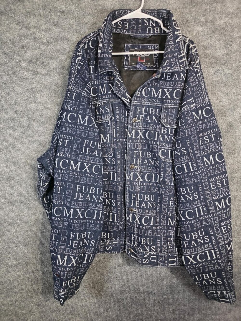 FUBU Jacket Mens Big 6X Blue Denim Jeans Allover Logo Print Hip Hop Bomber
